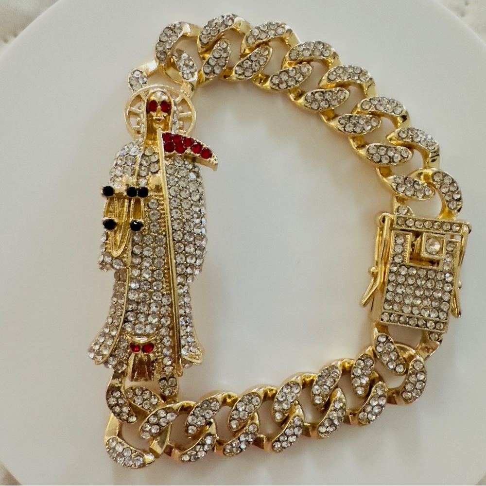 Beautiful 14K Gold Plated Santa Muerte chunky men’s Bracelet. New
